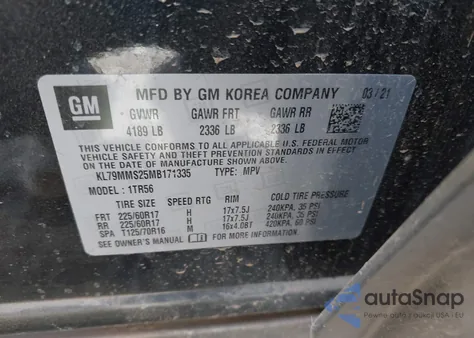 2021 Chevrolet Trailblazer Fwd Ls из США, поврежденный, VIN KL79MMS25MB171335